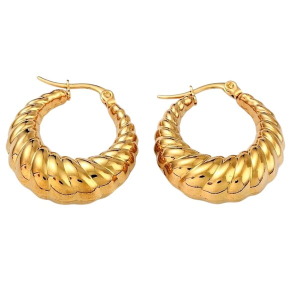 1 1/8 Inch 28mm Hoop Gold Tone Pierced Post Earrings - Picture 3 of 5